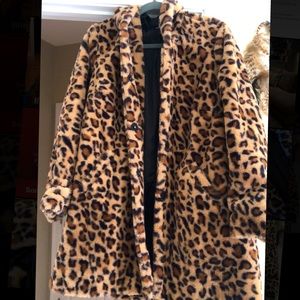 Leopard Print, Faux Fur, Long Hooded Coat